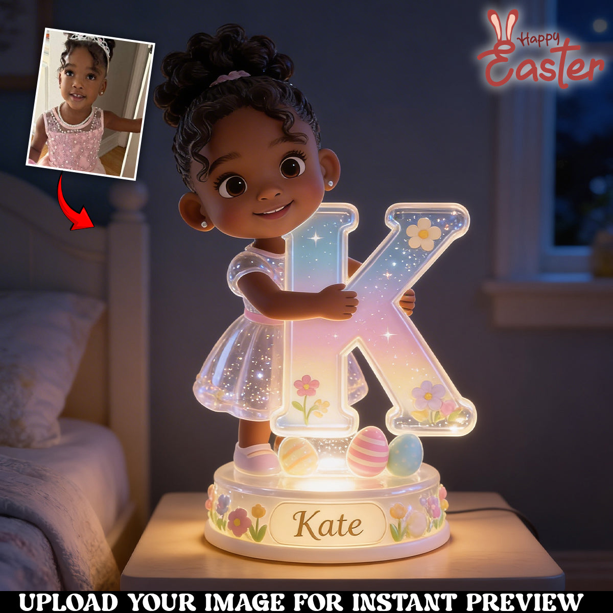 Personalized Easter Curly Haired Young Girl Acrylic LED Night Light Black Kids Gift