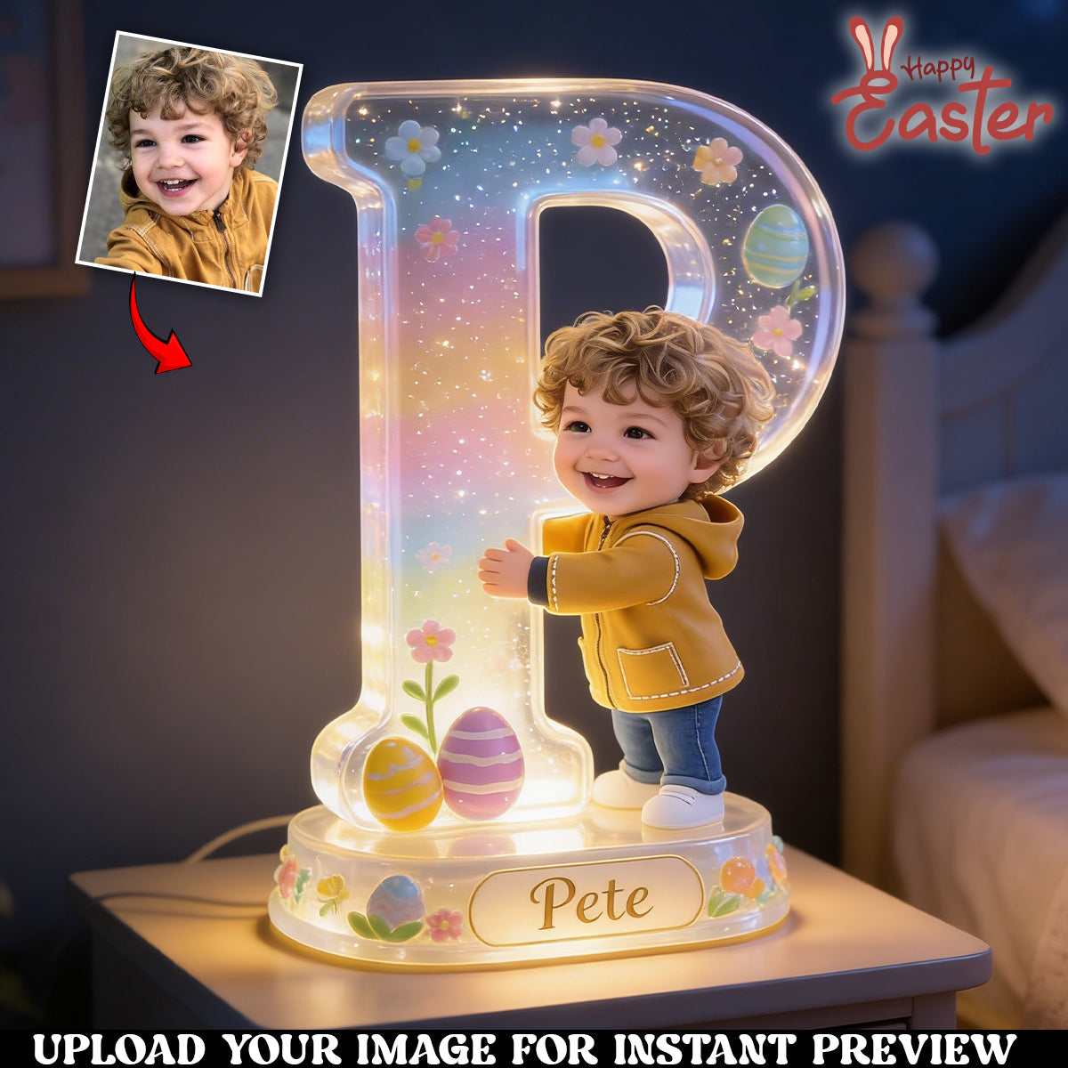 Personalized Easter Curly Haired Young Girl Acrylic LED Night Light Black Kids Gift