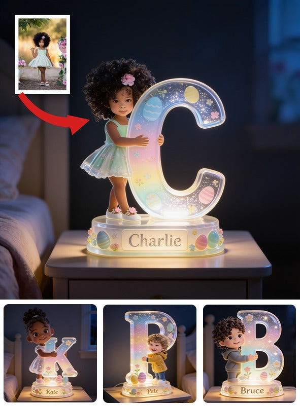 Personalized Easter Curly Haired Young Girl Acrylic LED Night Light Black Kids Gift