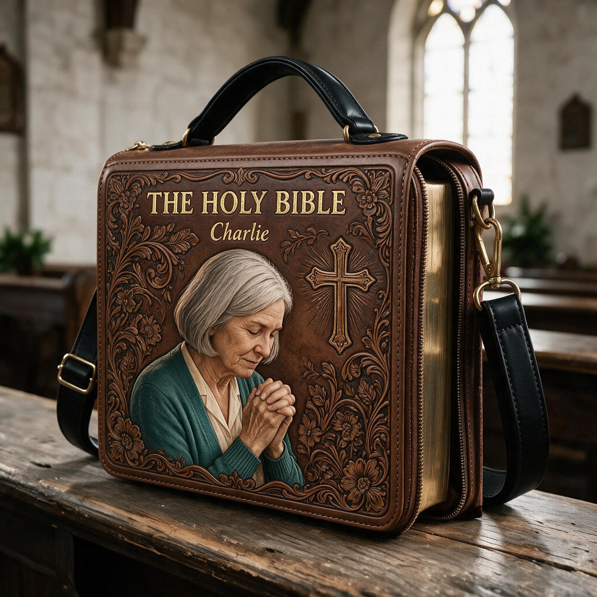 Housse de Bible en Cuir avec Photo Personnalisée Femme Latina Âgée Priante