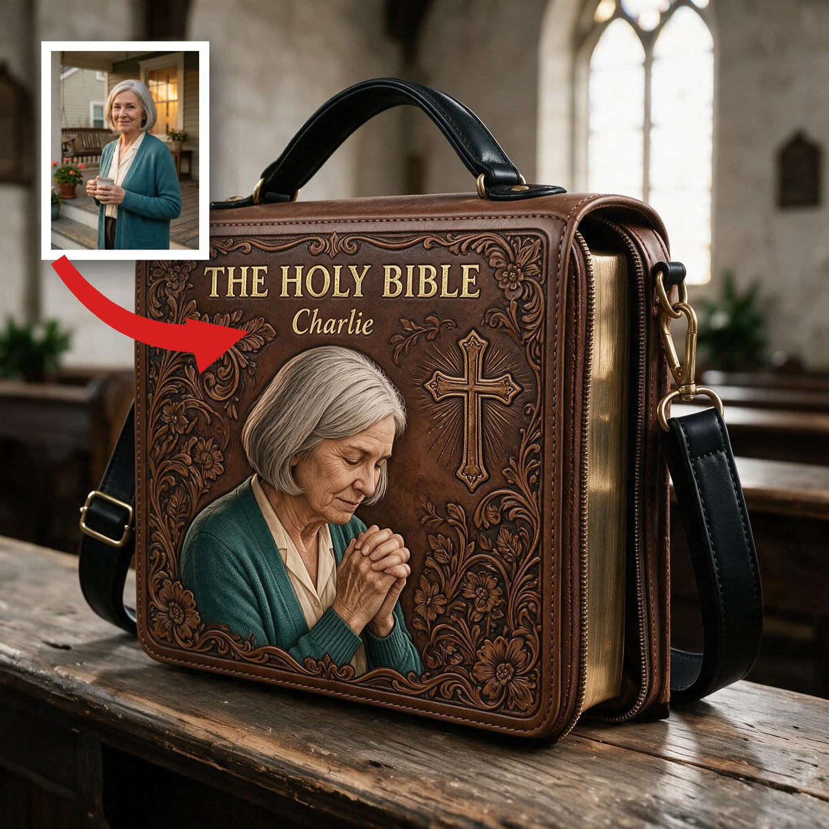 Housse de Bible en Cuir avec Photo Personnalisée Femme Latina Âgée Priante