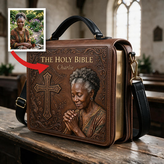 Custom Photo Praying Elderly Black Woman Leather Bible Cover Bag Christian Gift