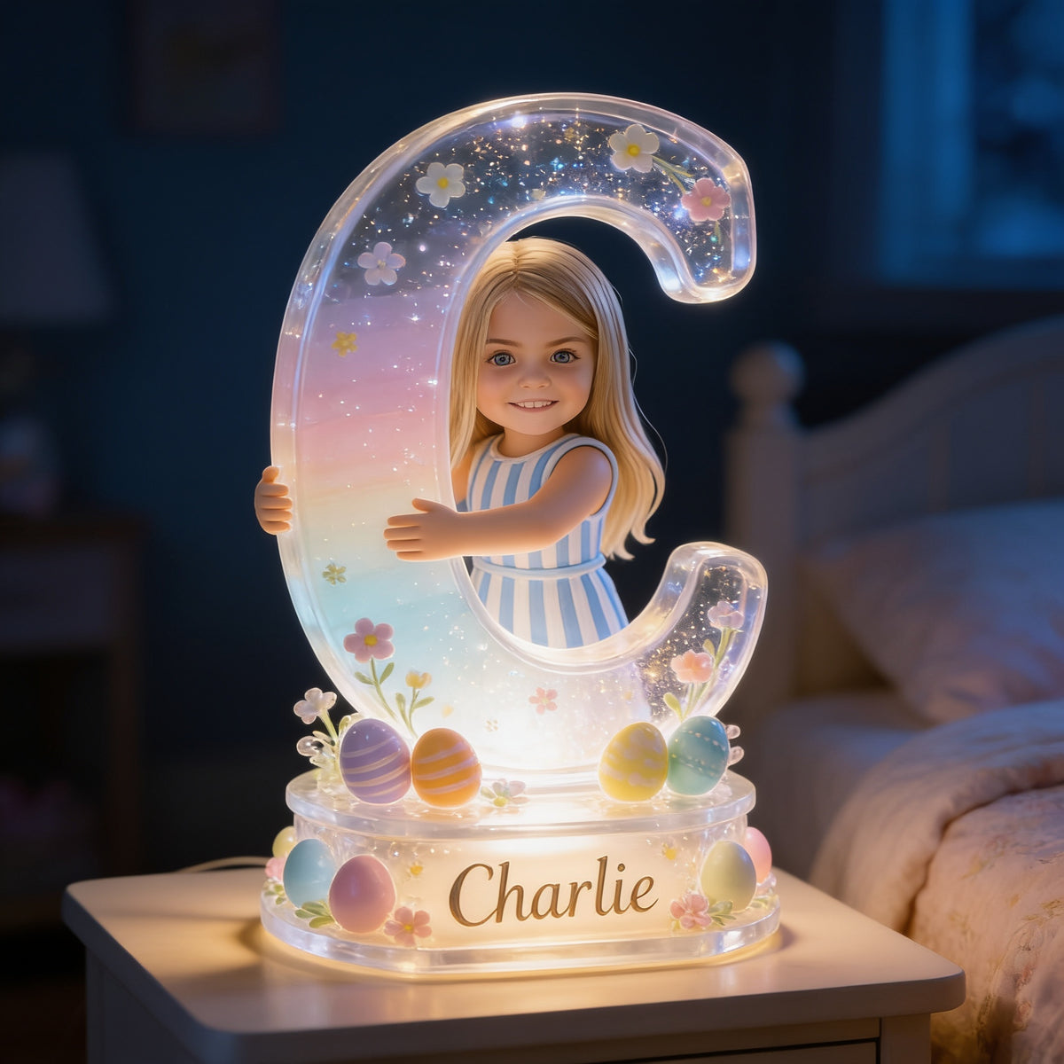 Personalized Easter Young Girl Acrylic LED Night Light Kids Bedroom Gift