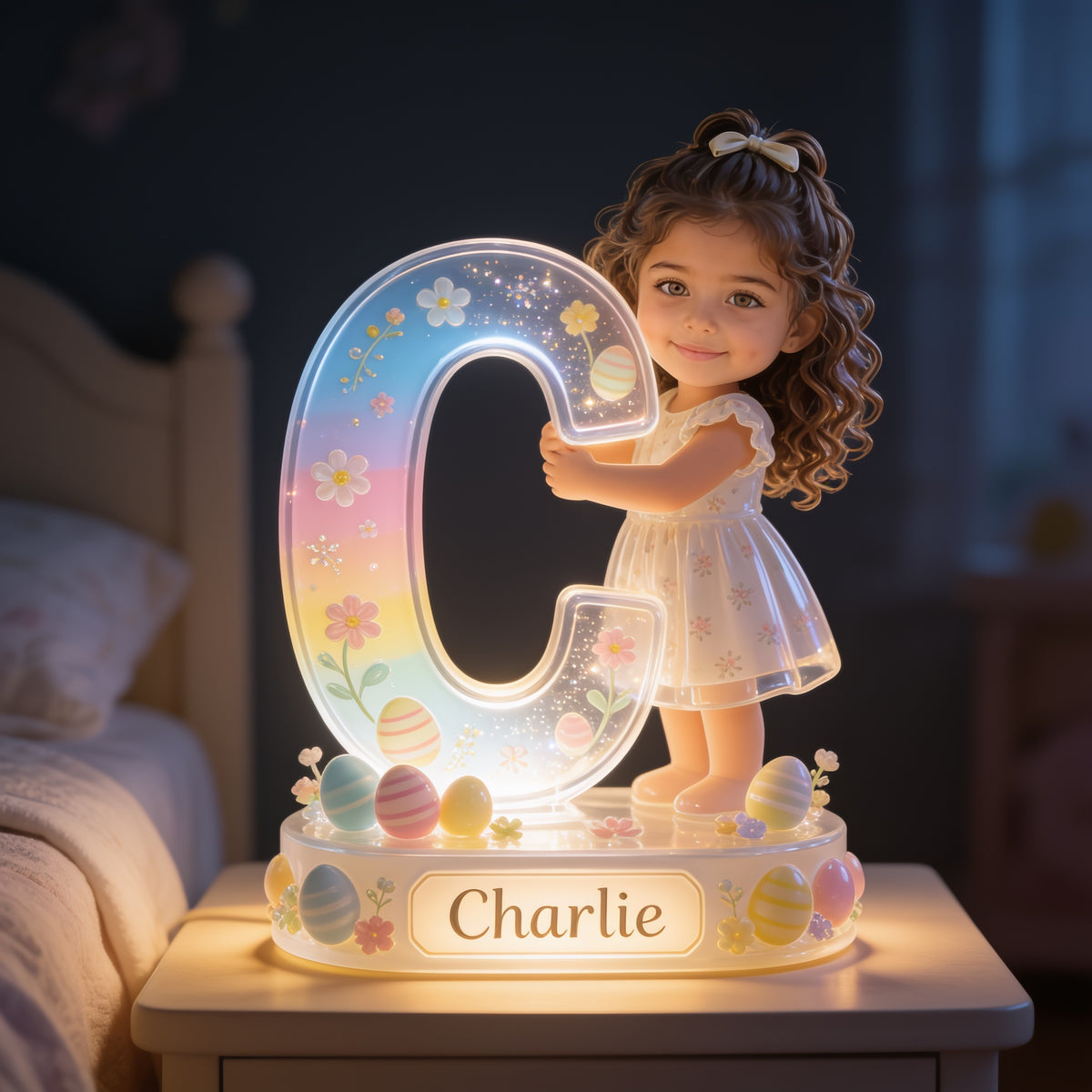 Personalized Easter Young Girl Alphabet Acrylic LED Night Light Latina Kids Gift