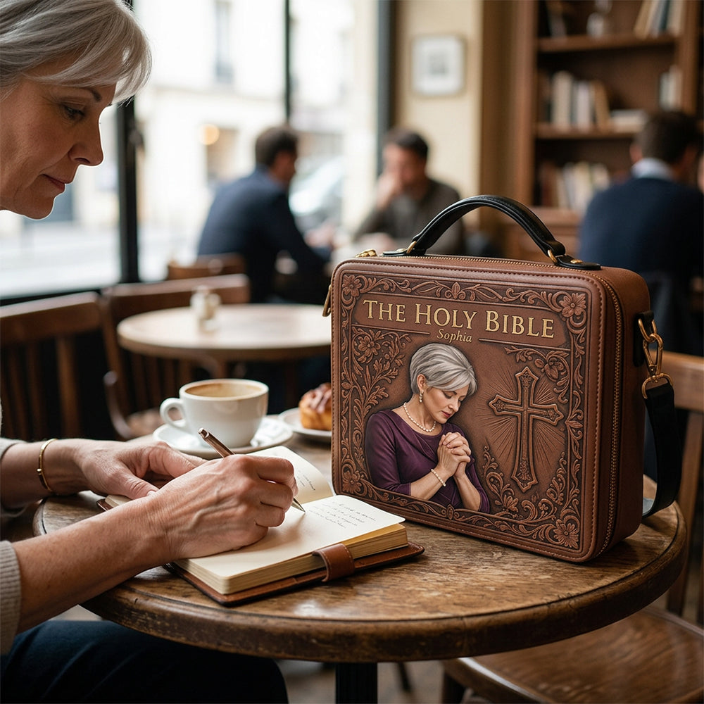 Custom Photo Praying Elderly Black Woman Leather Bible Cover Bag Christian Gift