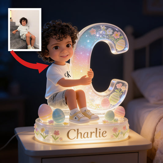 Personalized Easter Curly Haired Young Boy Acrylic LED Night Light Latina Kid Gift