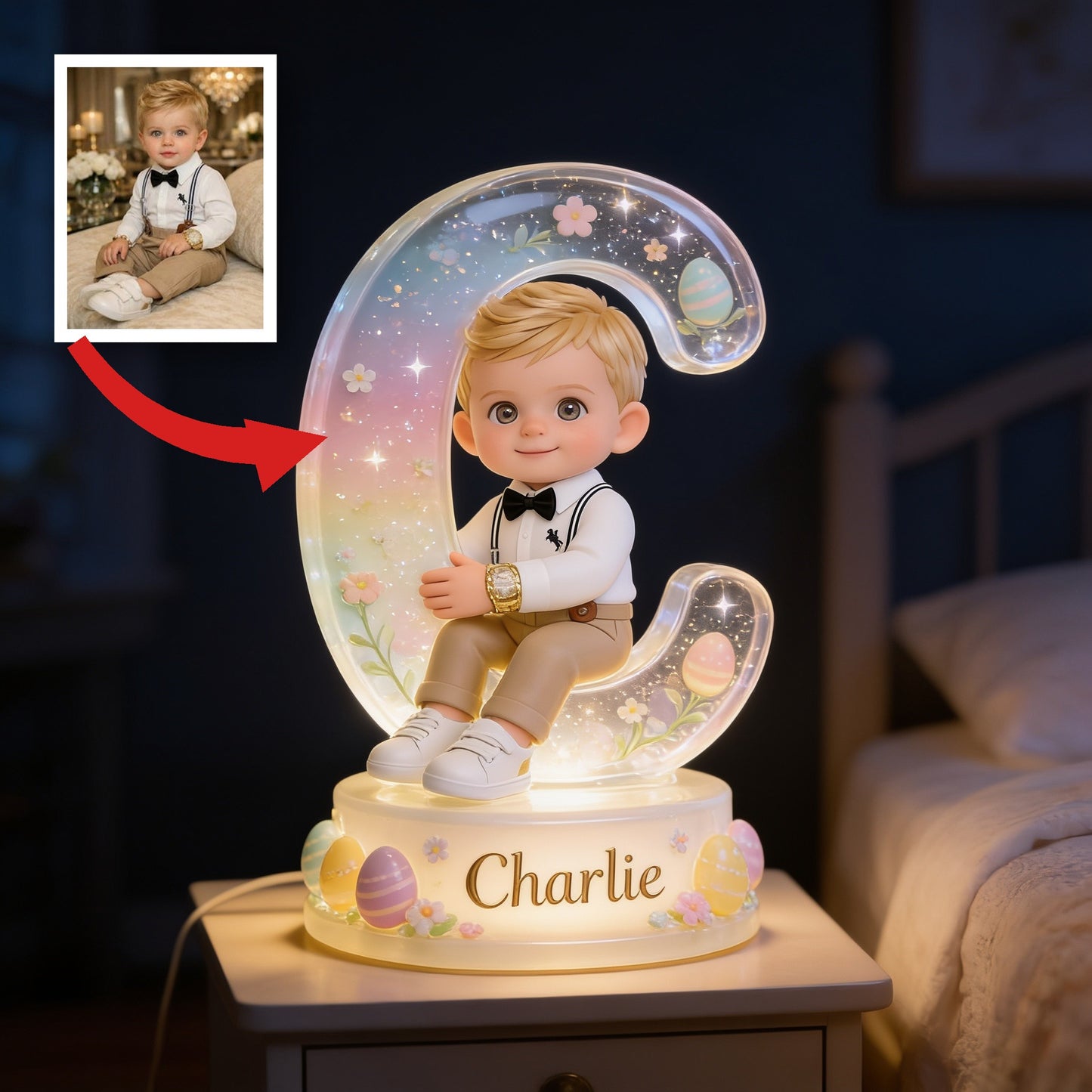 Personalized Easter Blonde Young Boy Acrylic LED Night Light Kids Bedroom Gift