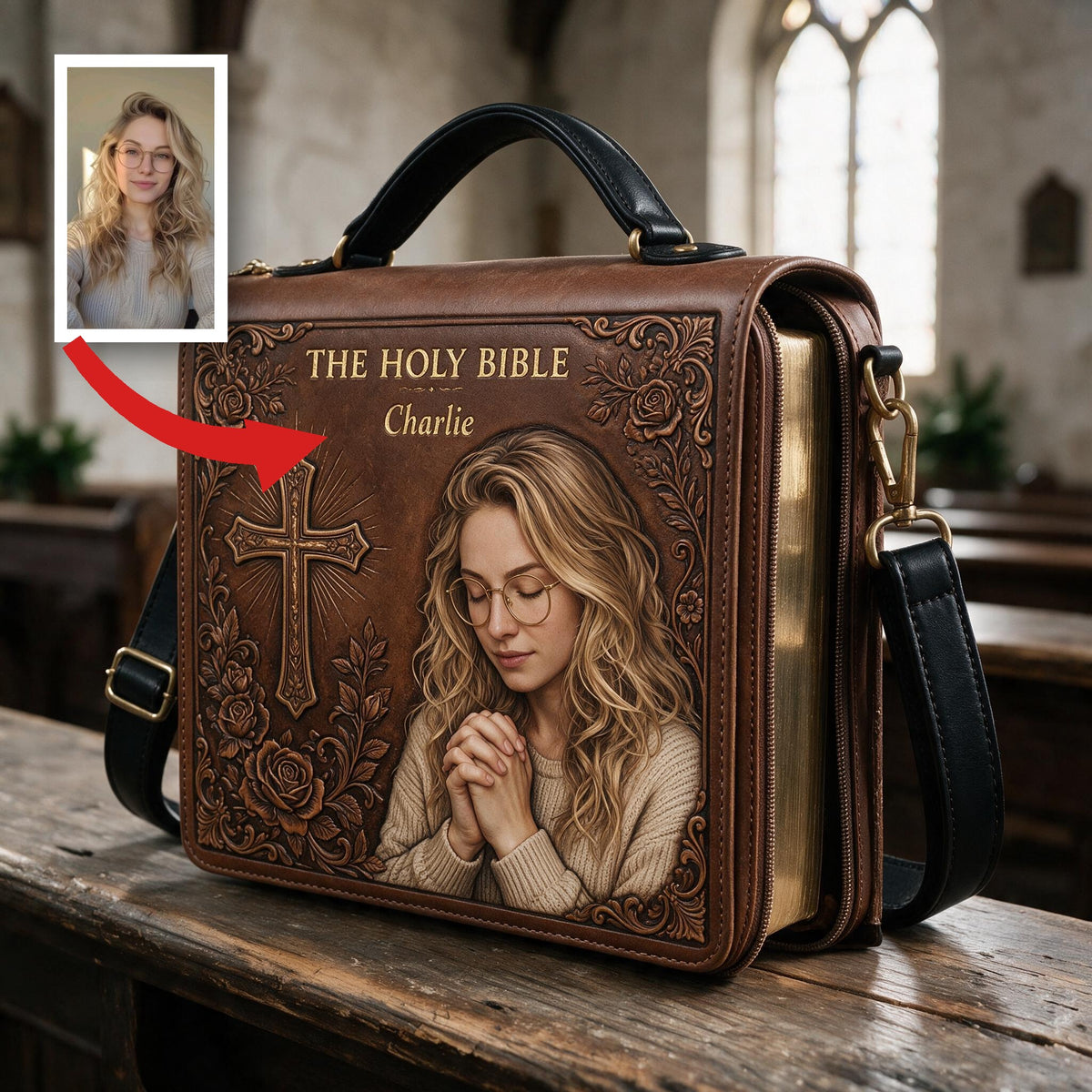 Housse de Bible en Cuir avec Photo Personnalisée Femme Jeune en Prière