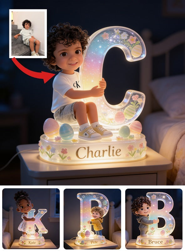 Personalized Easter Curly Haired Young Boy Acrylic LED Night Light Latina Kid Gift