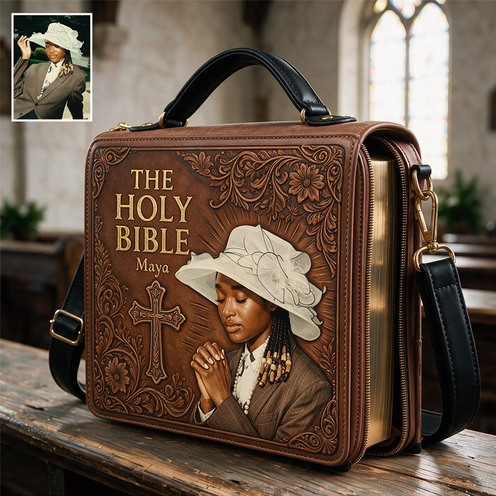 Housse de Bible en Cuir avec Photo Personnalisée Femme Jeune en Prière