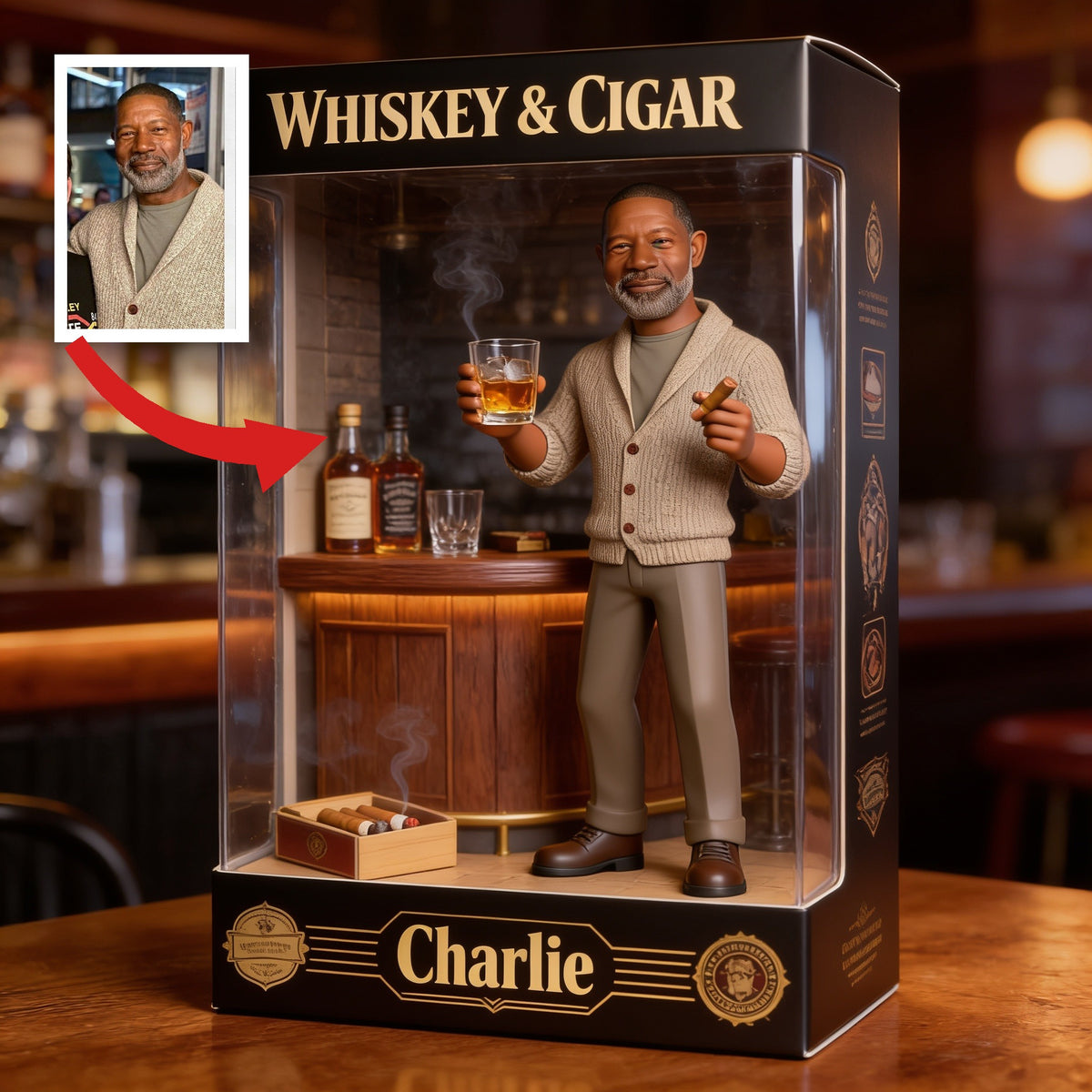Plaque Acrylique Personnalisée Homme Noir Âgé Whisky & Cigare