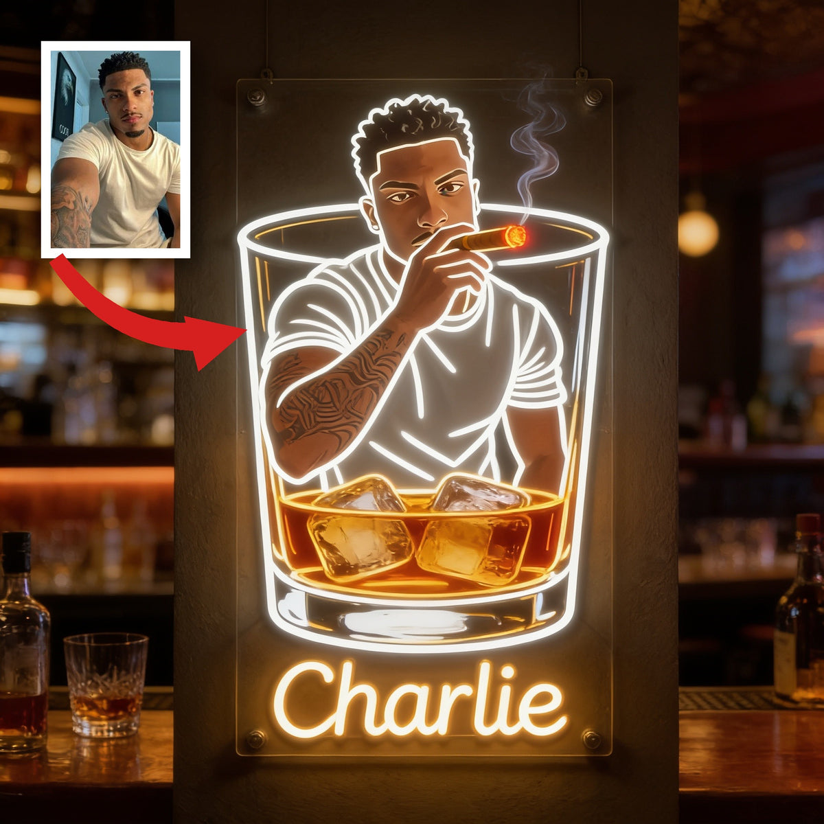 Personalized Adult Latina Man Whiskey Cigar LED Acrylic Sign Home Bar Decor
