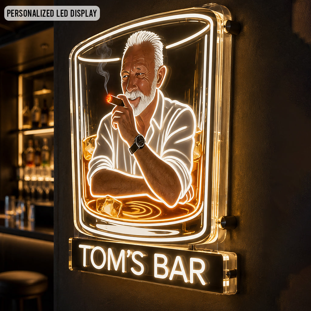 Personalized Stylish Suited Black Man Whiskey & Cigar LED Acrylic Sign Bar Decor