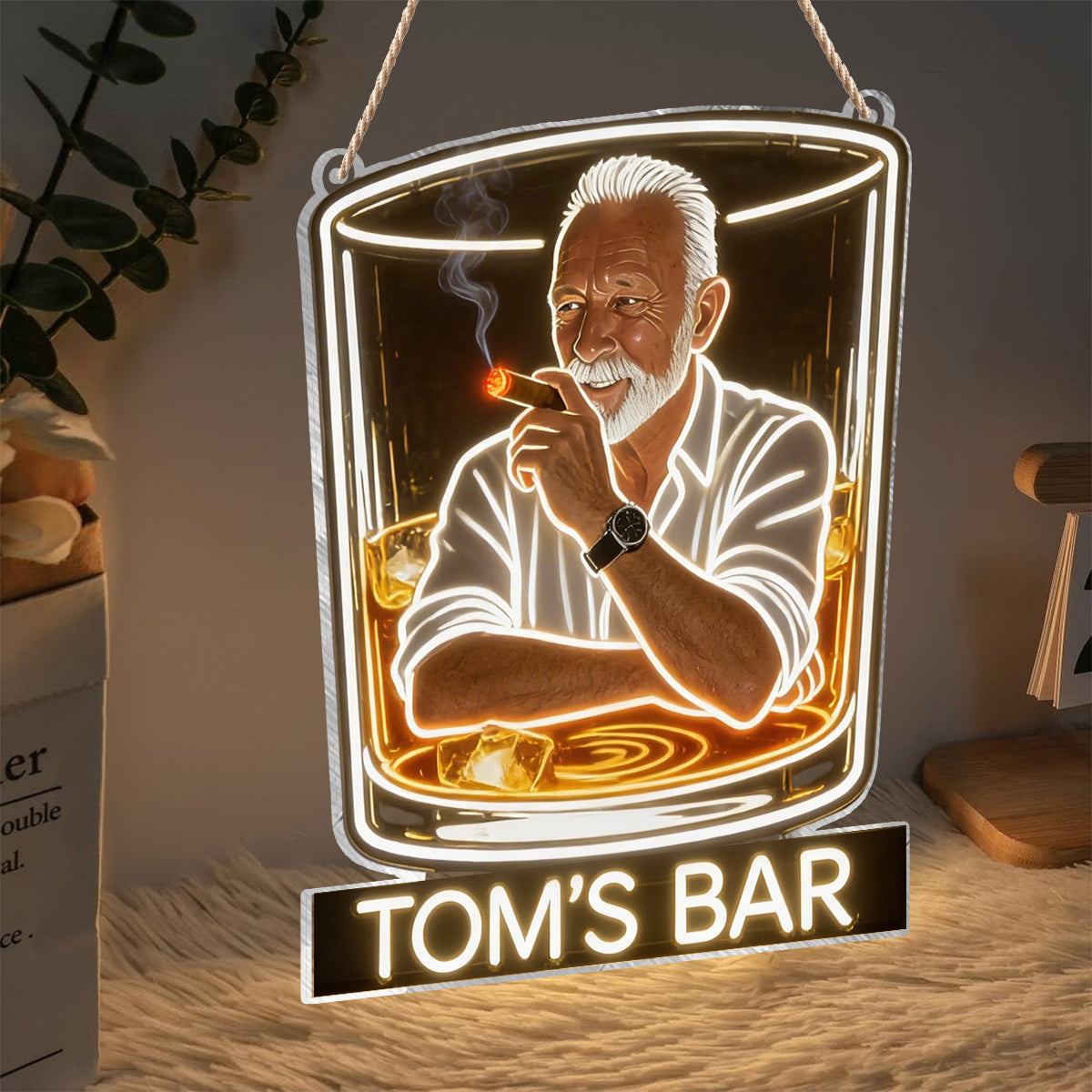 Personalized Stylish Suited Black Man Whiskey & Cigar LED Acrylic Sign Bar Decor