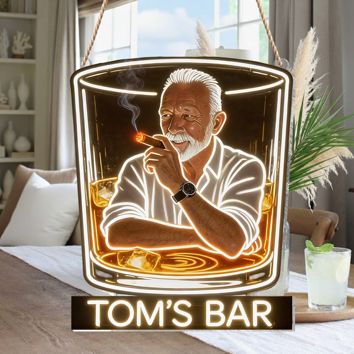Personalized Adult Latina Man Whiskey Cigar LED Acrylic Sign Home Bar Decor