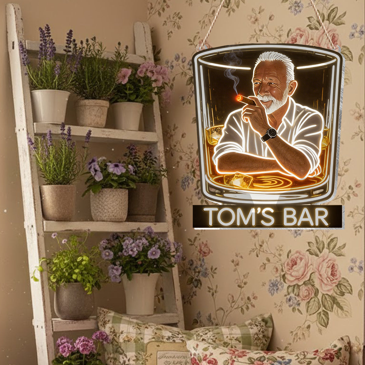 Personalized Stylish Suited Black Man Whiskey & Cigar LED Acrylic Sign Bar Decor