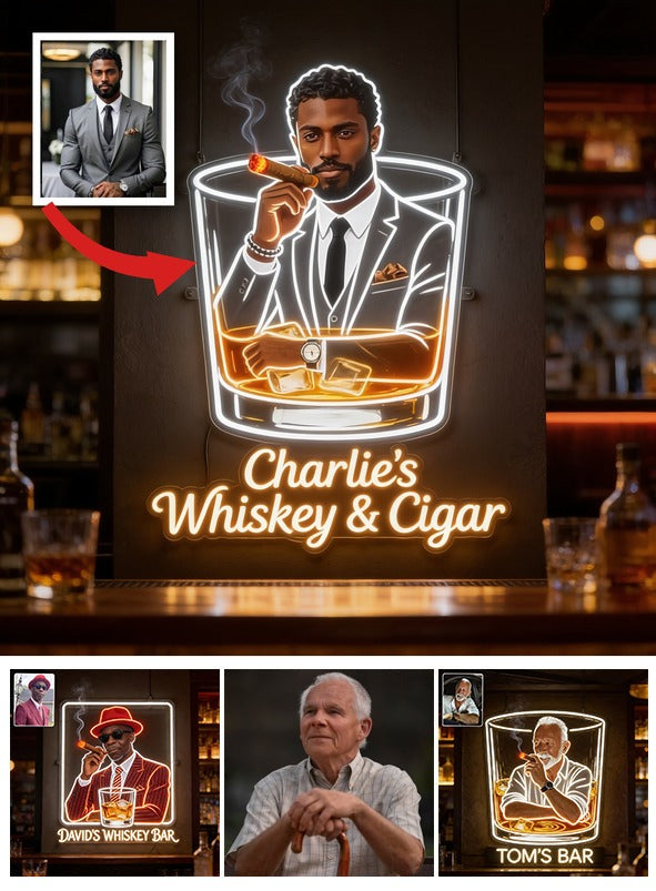 Personalized Stylish Suited Black Man Whiskey & Cigar LED Acrylic Sign Bar Decor