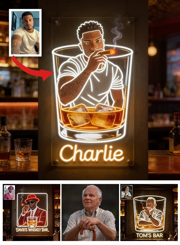 Personalized Adult Latina Man Whiskey Cigar LED Acrylic Sign Home Bar Decor