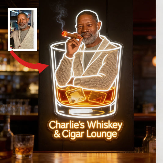 Personalized Whiskey & Cigar Lounge LED Acrylic Sign Home Bar Decor Gift For Older Black Men