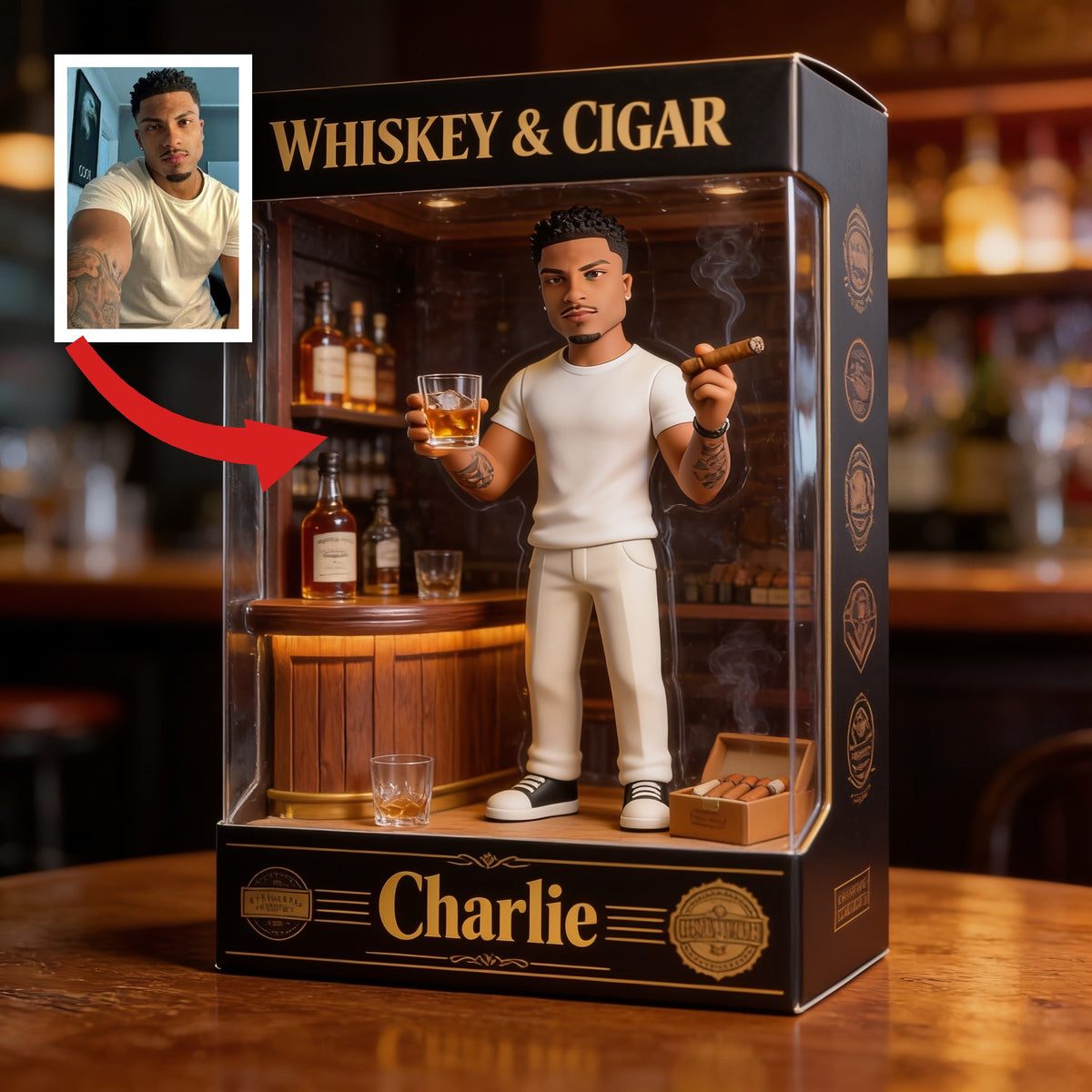 Personalized Whiskey & Cigar Character Shaped Acrylic Plaque Home Bar Gift  For Latina Men