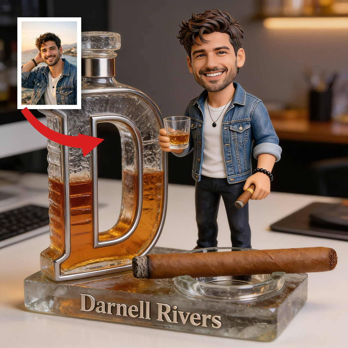 Custom Photo Adult Man Whiskey Cigar Shaped Acrylic Plaque, Unique Mens Gift