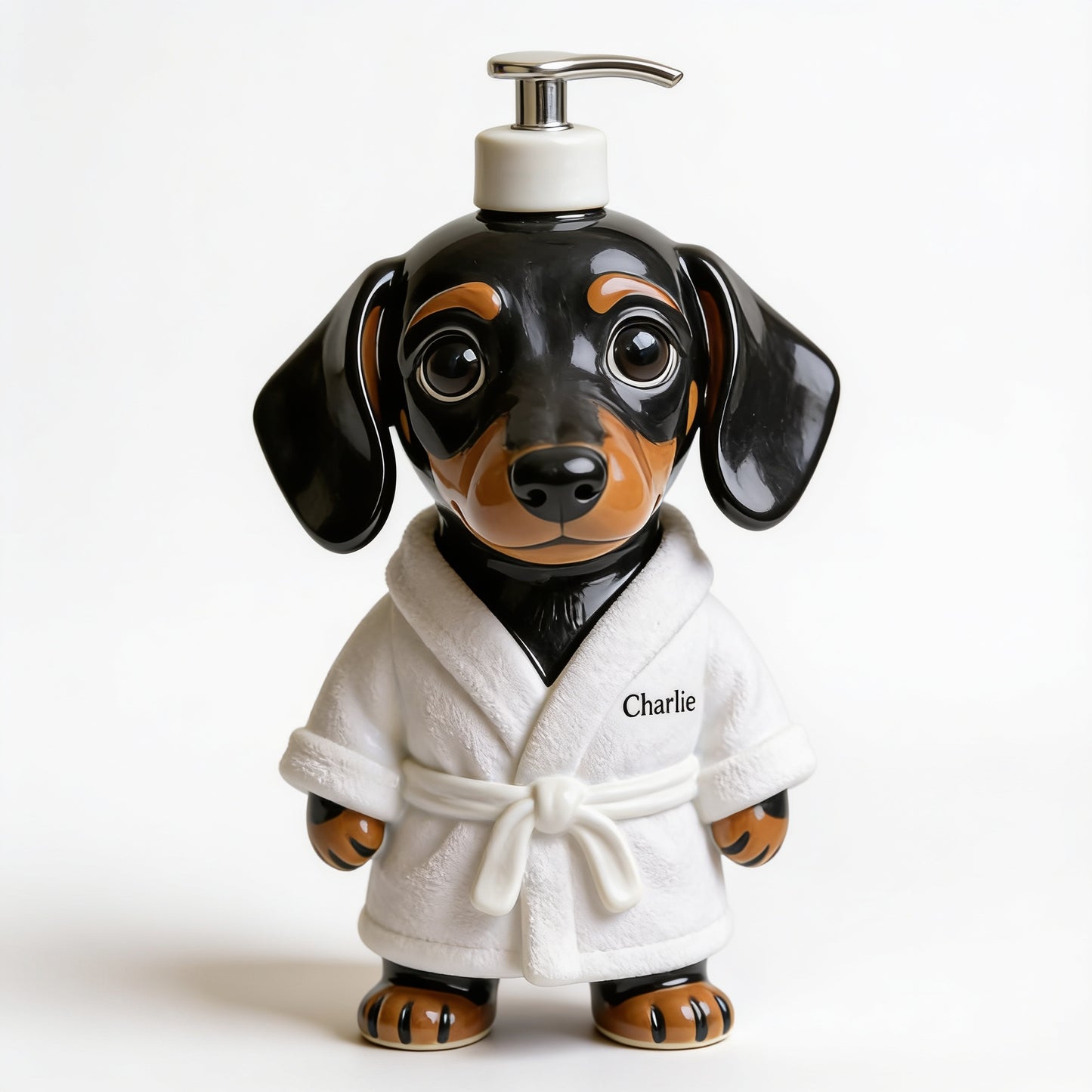 Personalized Black and Tan Dachshund Bathrobe Soap Dispenser Dog Lover Gift