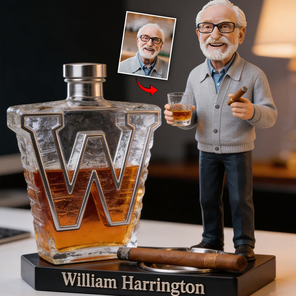 Custom Photo Older Man Whiskey Cigar Initial Letter Shaped Acrylic Plaque, Desk Gift For Men