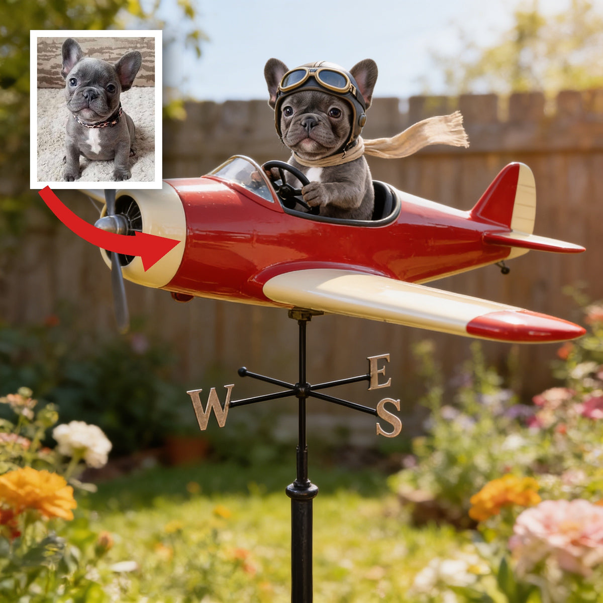 Custom Photo Pilot French Bulldog Weather Vane, Pet Lover Garden Gift
