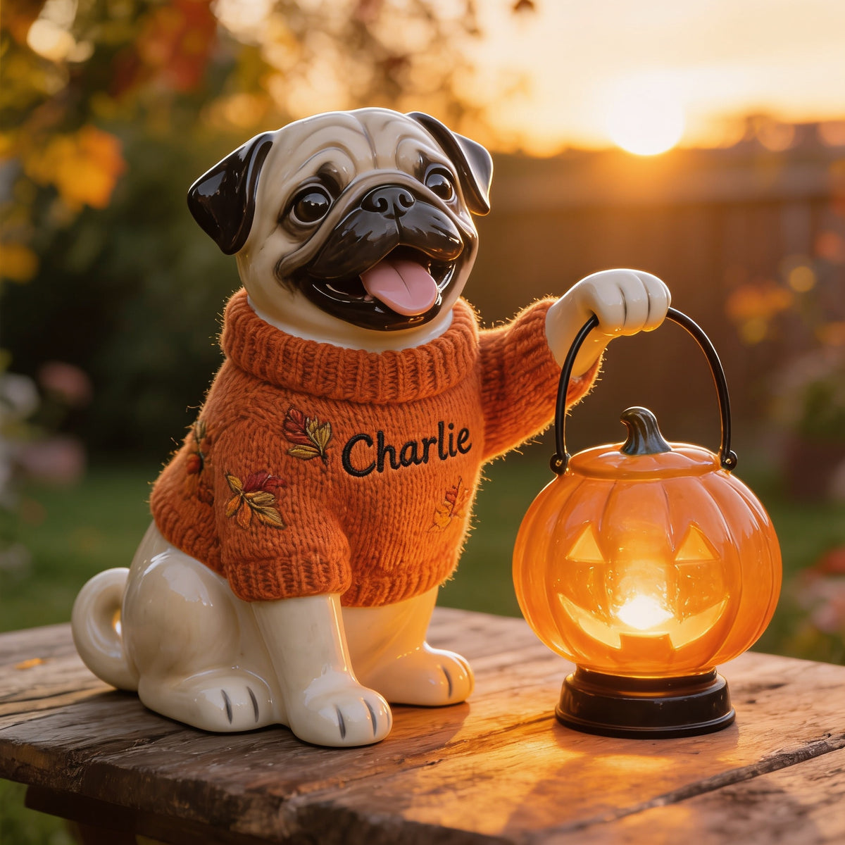 Personalized Fall Wrinkled Pug Solar Acrylic Light Garden Decor