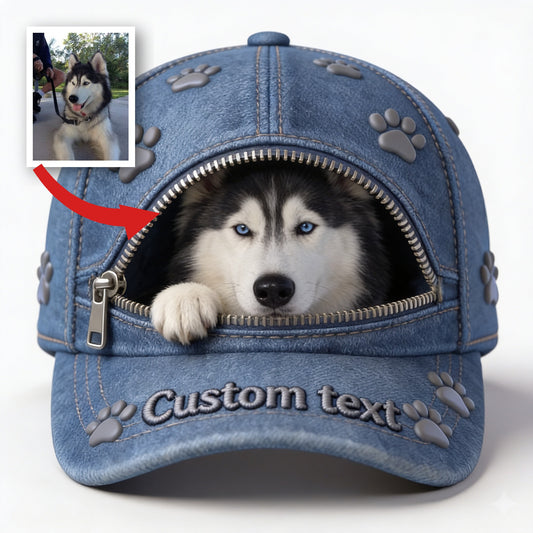 Custom Photo Fluffy Blue-Eyed Siberian Husky Classic Cap Dog Lover Gift