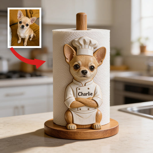 Personalized Chef Chihuahua Wooden Paper Towel Stand Kitchen Decor Gift