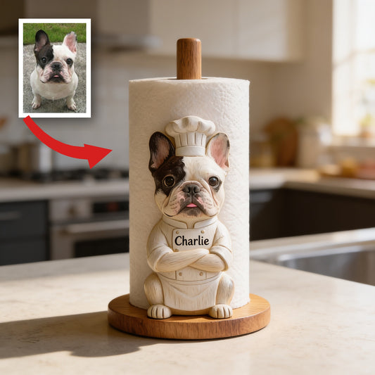 Personalized French Bulldog Chef Paper Towel Stand Kitchen Gift
