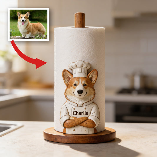 Personalized Welsh Corgi Chef Wooden Paper Towel Stand Kitchen Counter Decor Gift