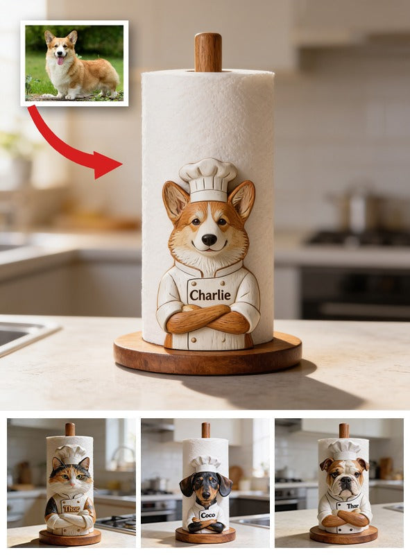 Personalized Welsh Corgi Chef Wooden Paper Towel Stand Kitchen Counter Decor Gift