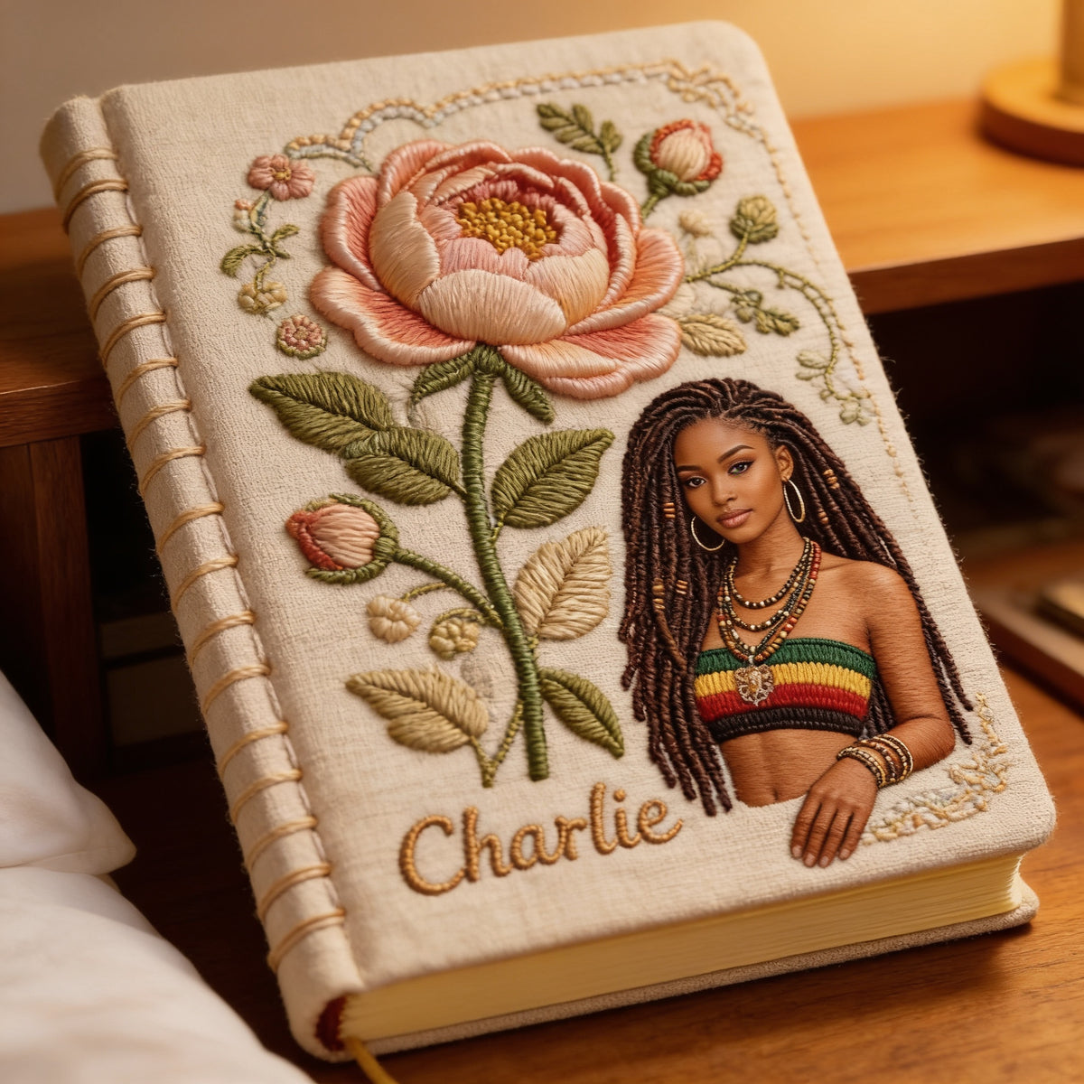 Personalized Birth Month Flower Young Black Woman Embroidered Leather Journal Custom Name Self Love Gift