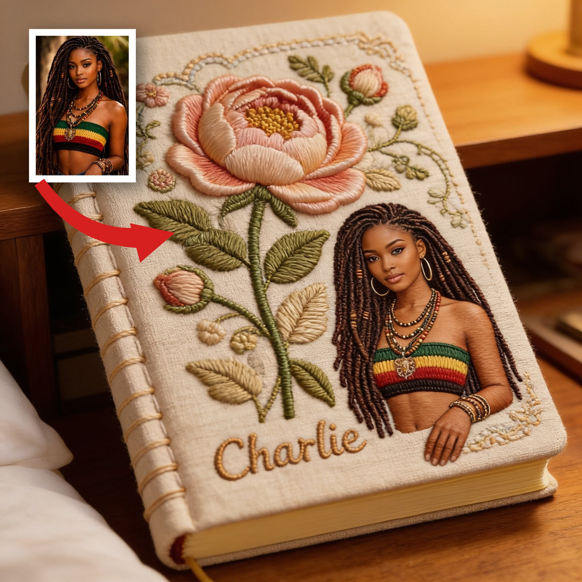 Personalized Birth Month Flower Young Black Woman Embroidered Leather Journal Custom Name Self Love Gift