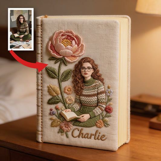 Personalized Birth Month Flower Curly Haired Glasses Young Woman Leather Journal Custom Name Self Love Gift
