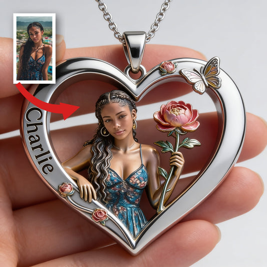 Personalized Birth Month Flower Latina Woman Heart Shaped Metal Pendant Necklace Self Love Jewelry Gift
