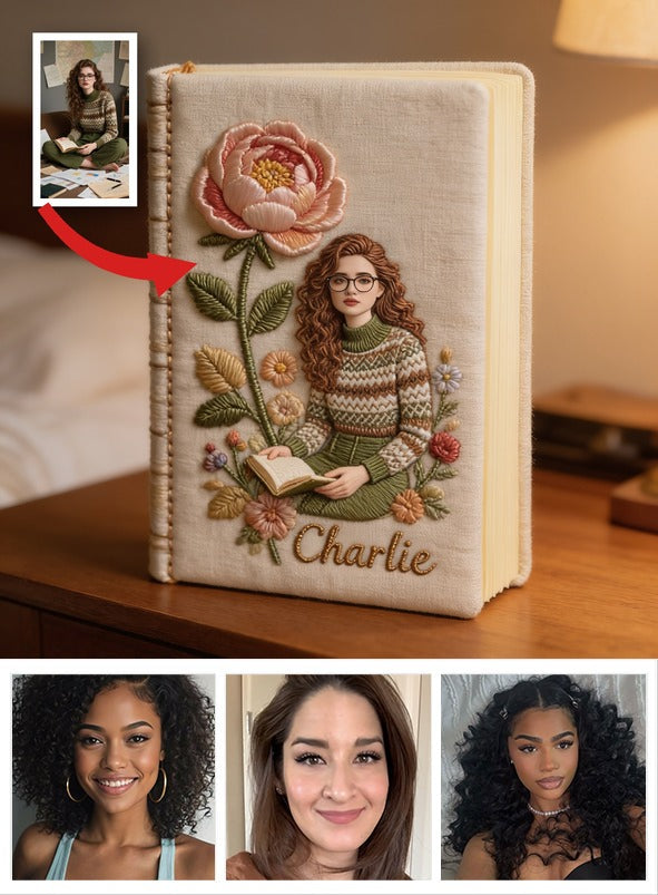 Personalized Birth Month Flower Curly Haired Glasses Young Woman Leather Journal Custom Name Self Love Gift