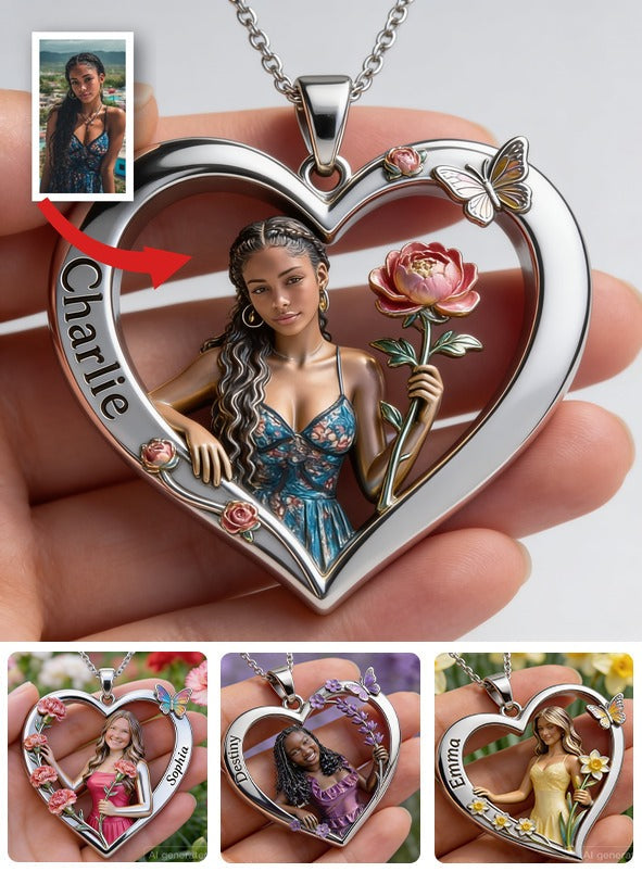 Collier Pendentif Métal en Forme de Cœur Fleurs de Mois de Naissance Personnalisé
