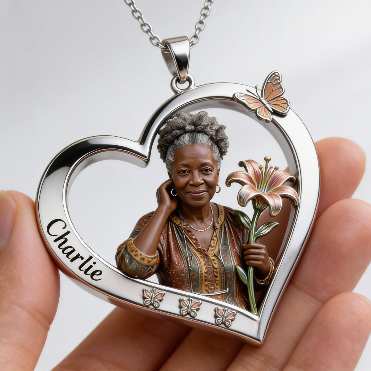 Personalized Birth Month Flower Black Woman Heart Pendant Necklace Keepsake Gift