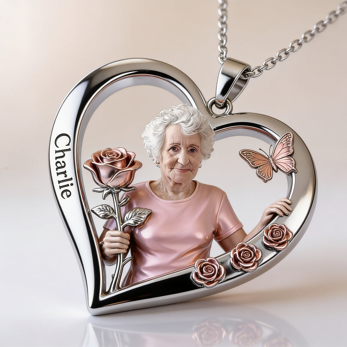 Personalized Elderly Grandmother Heart Shaped Pendant Necklace, Grandma Gift