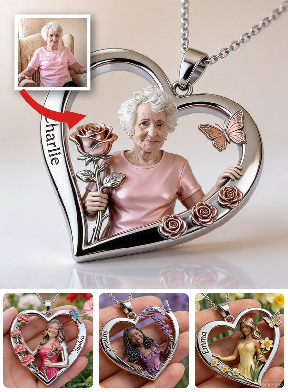 Personalized Elderly Grandmother Heart Shaped Pendant Necklace, Grandma Gift