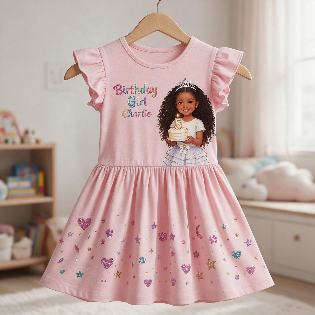 Personalized Birthday Black Little Girl Ruffle Sleeve Dress, Kid Birthday Gift