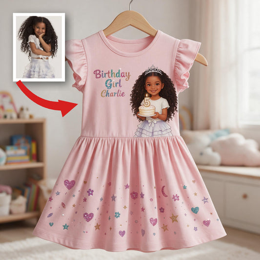Personalized Birthday Black Little Girl Ruffle Sleeve Dress, Kid Birthday Gift