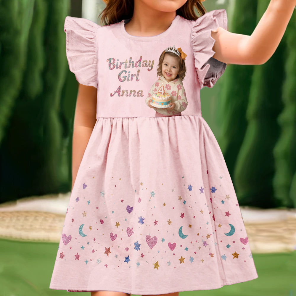 Personalized Birthday Black Little Girl Ruffle Sleeve Dress, Kid Birthday Gift