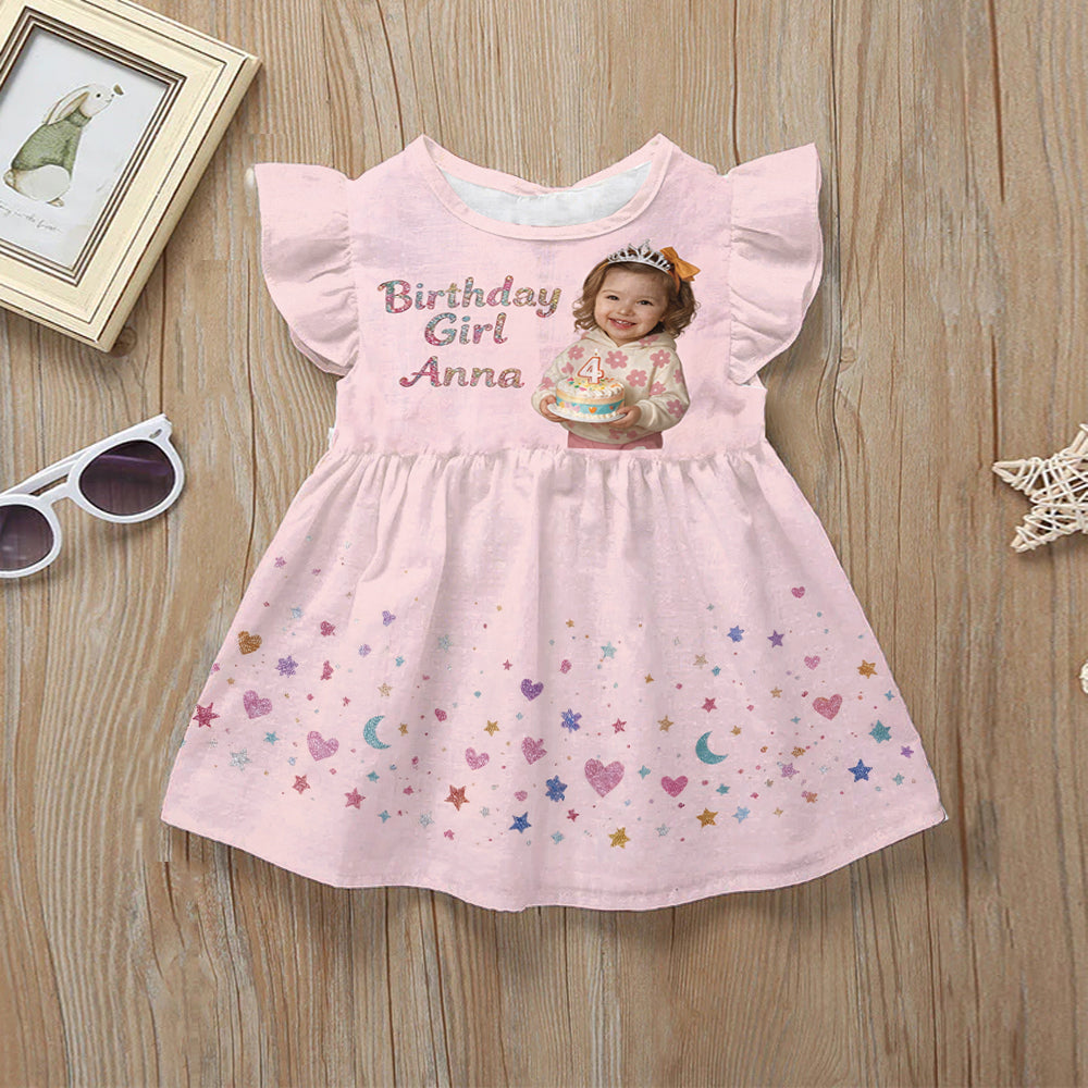 Personalized Birthday Black Little Girl Ruffle Sleeve Dress, Kid Birthday Gift