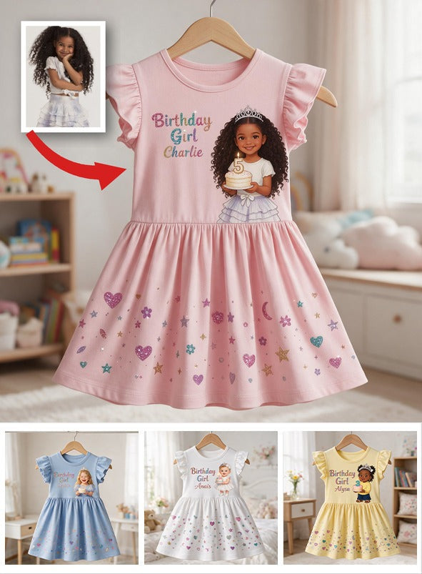 Personalized Birthday Black Little Girl Ruffle Sleeve Dress, Kid Birthday Gift
