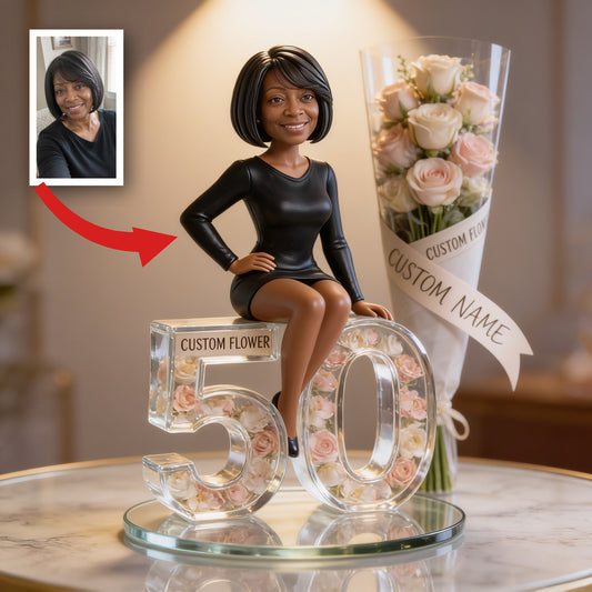 Custom Photo 50th Birthday Older Black Woman Flower Bouquet Acrylic Plaque Gift For Her