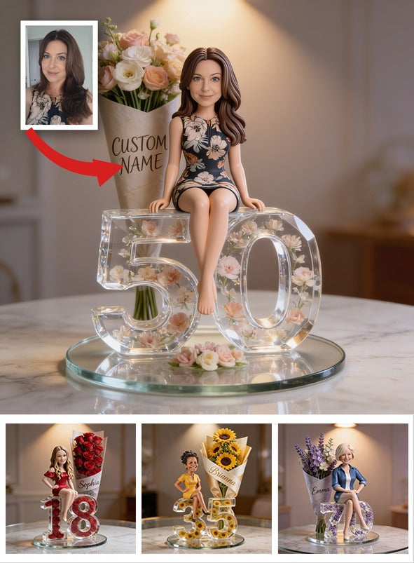 Custom Photo 50th Birthday Senior Woman Flower Bouquet Acrylic Plaque Gift For Her